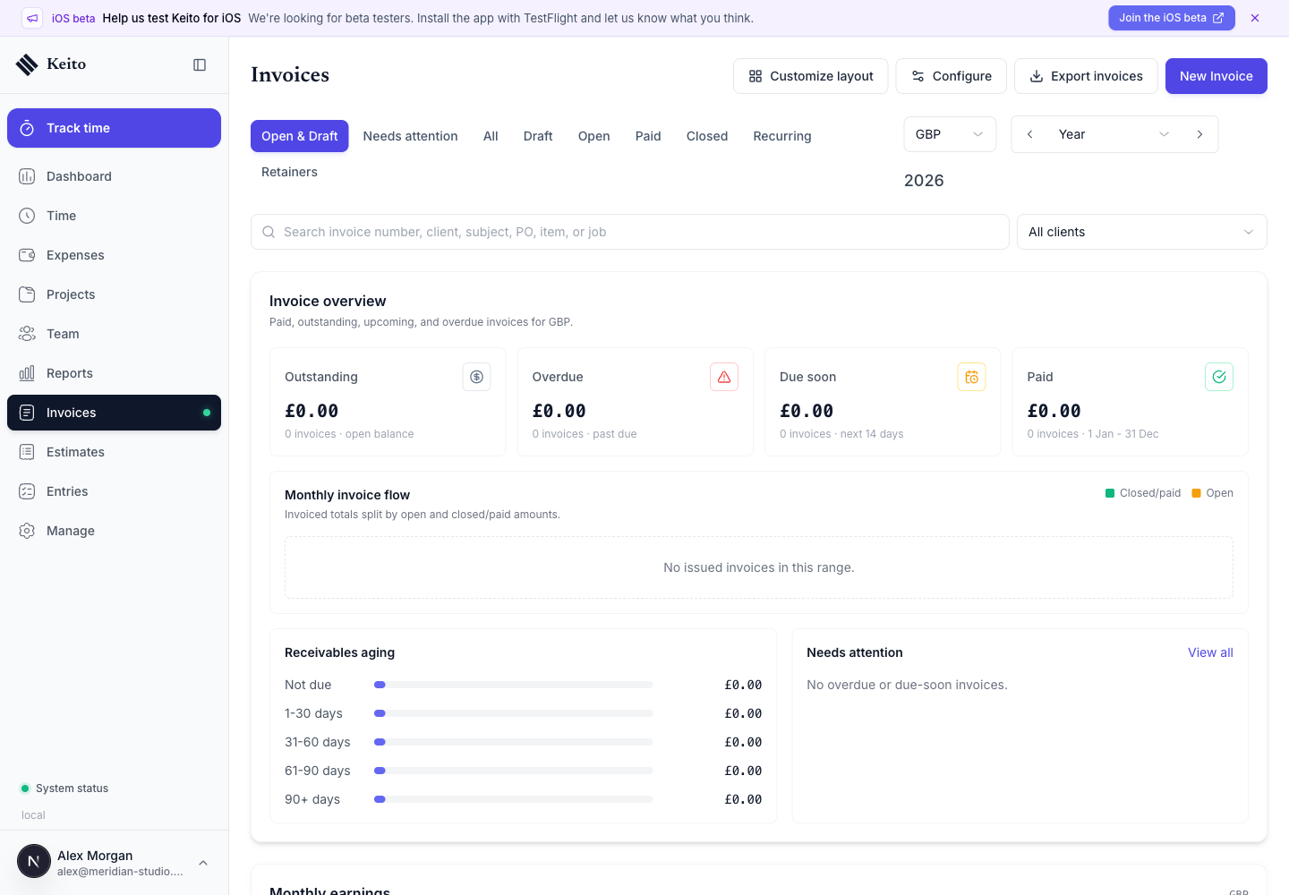 Keito Invoices screen with the Recurring tab in the navigation