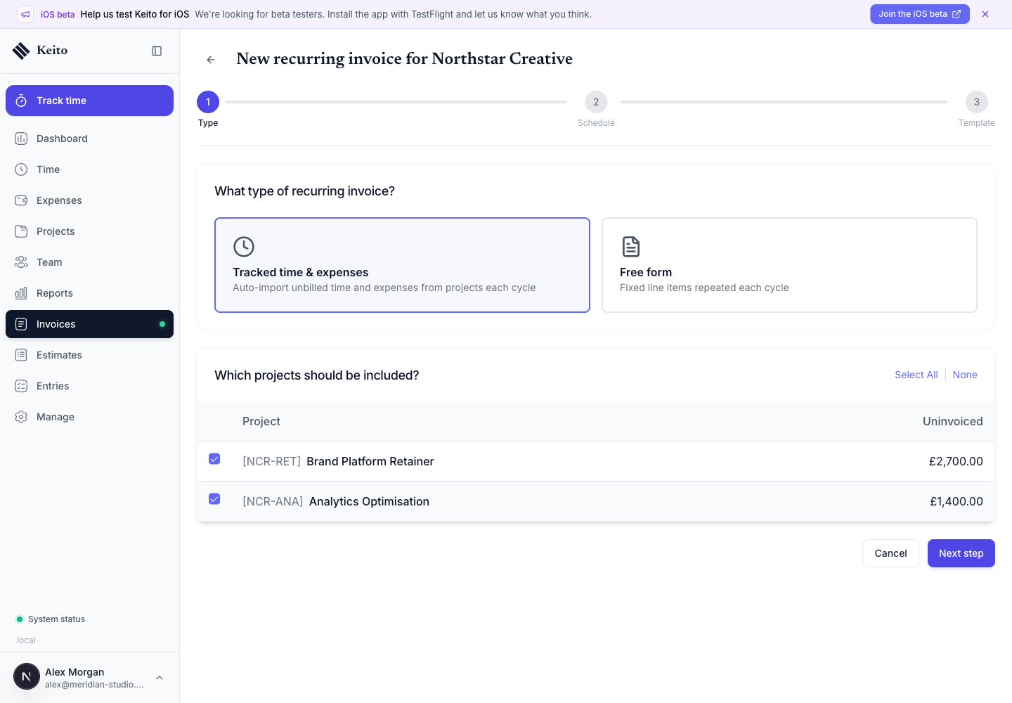Tracked time recurring invoice setup with two selected client projects and their uninvoiced values