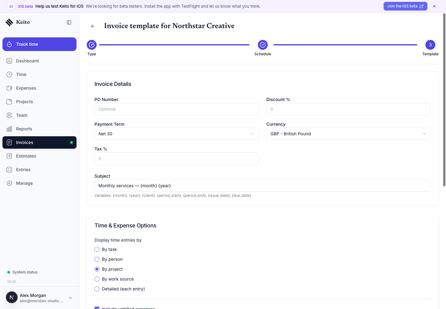 Recurring invoice template with payment terms, subject variables, project grouping, and unbilled expenses enabled