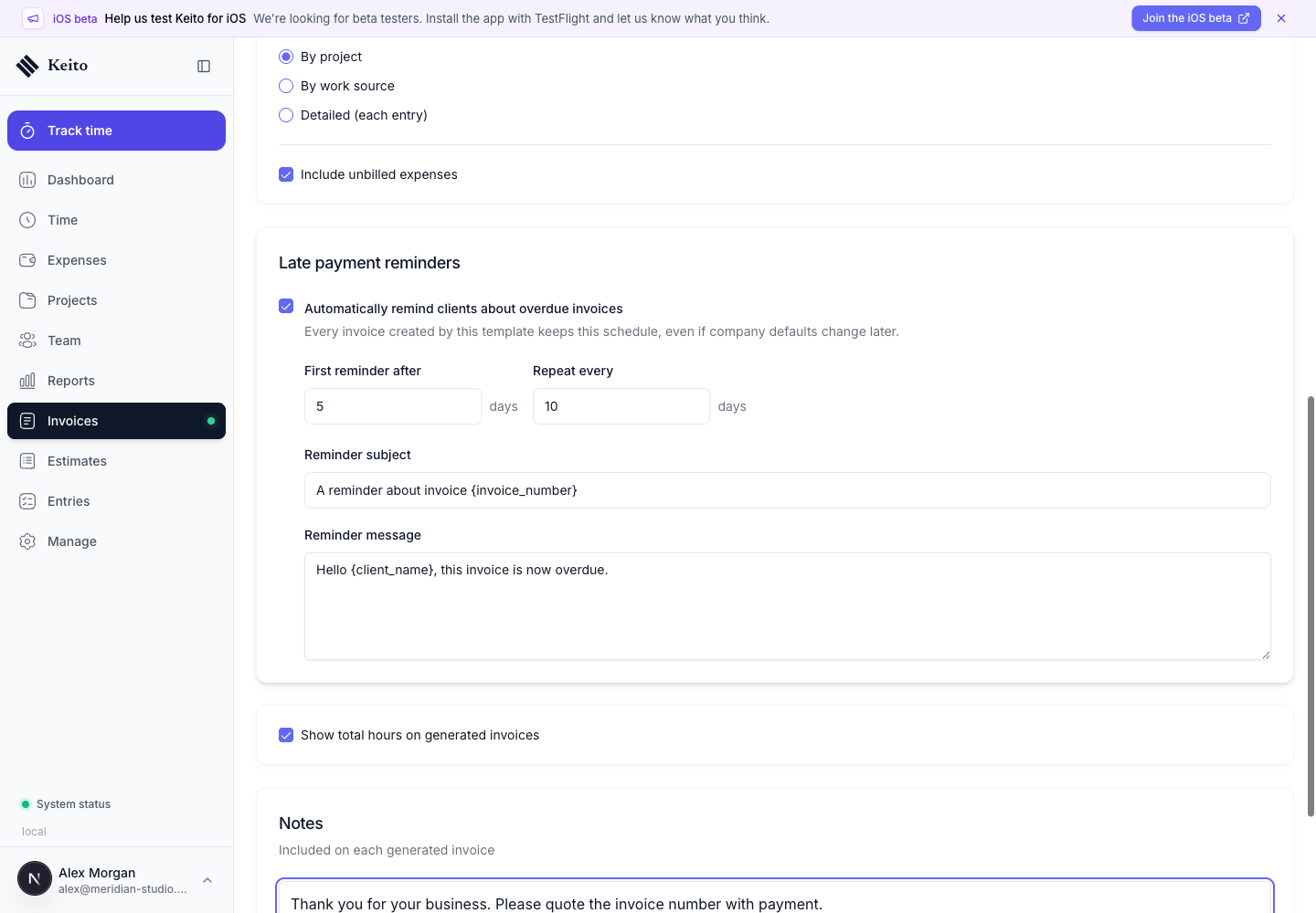 Recurring invoice late-payment reminder schedule with a five-day first reminder and ten-day repeat interval