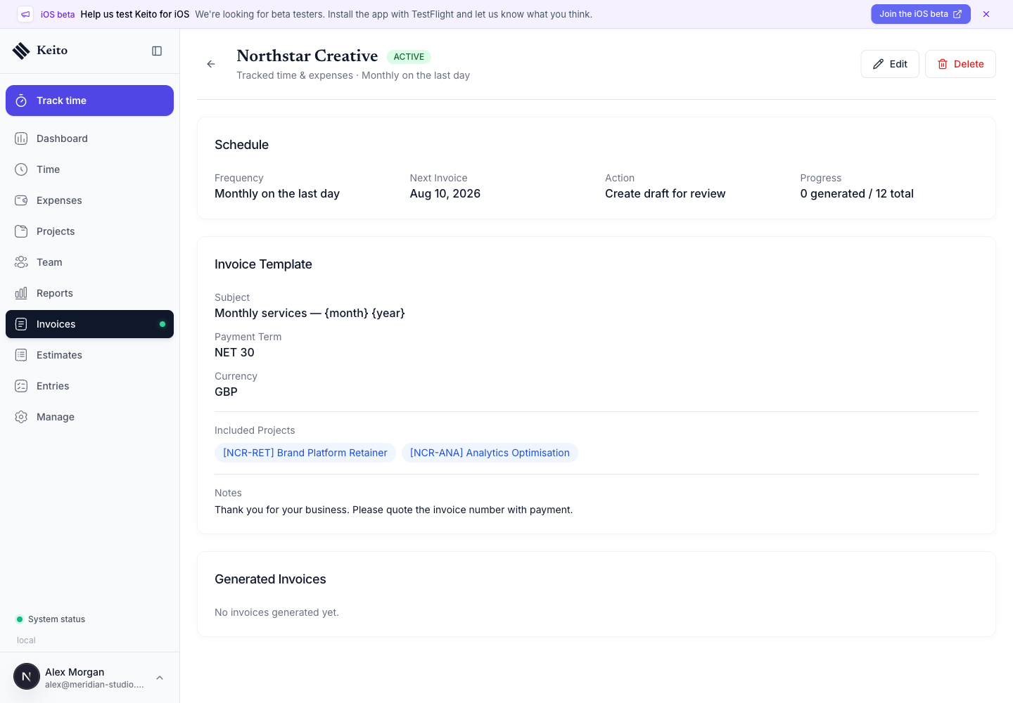 Active recurring invoice detail showing the monthly schedule, next invoice date, and selected projects
