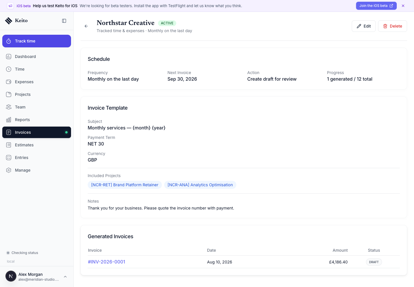 Recurring invoice detail with one generated draft in its invoice history