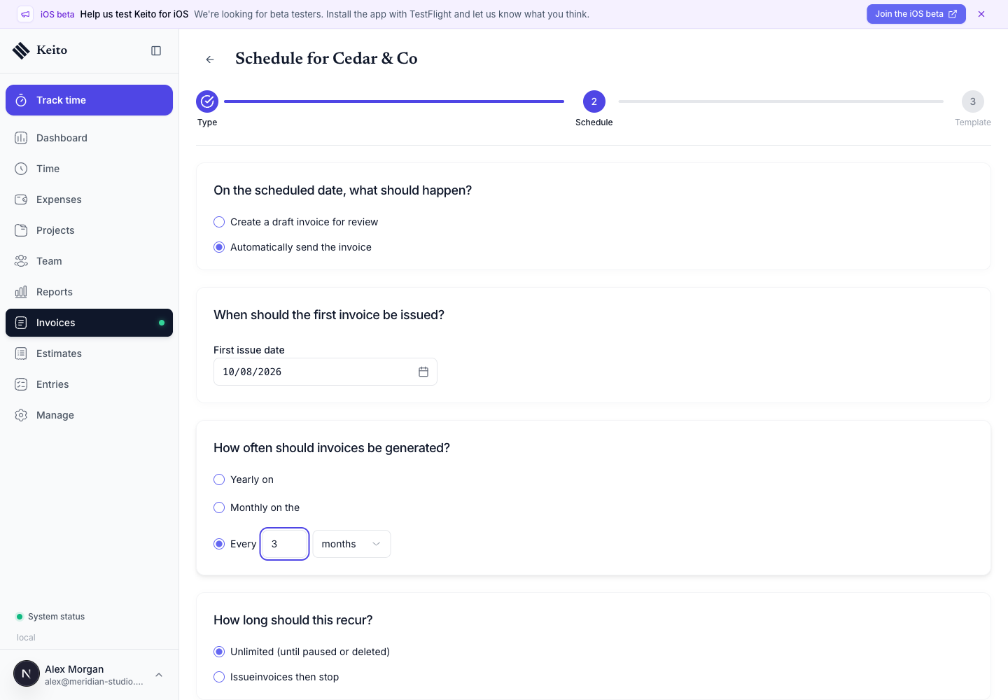 Custom recurring invoice schedule every two weeks with Automatically send selected