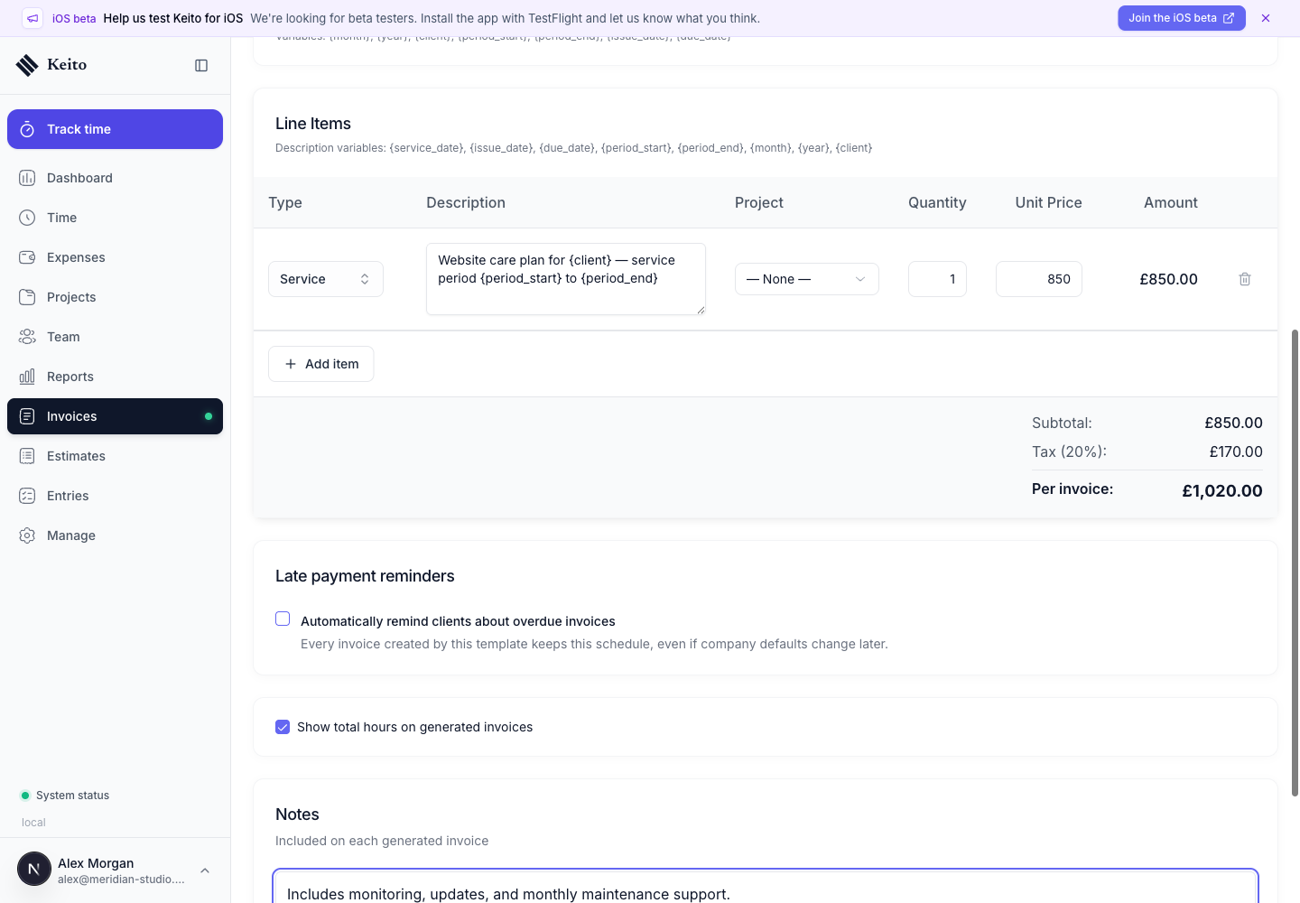 Free-form recurring invoice template with a fixed website care line item and date variables