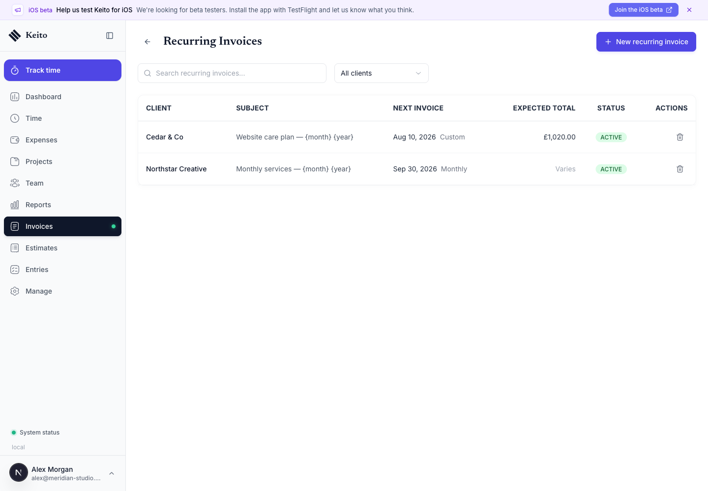 Recurring invoice list with tracked-time and free-form templates