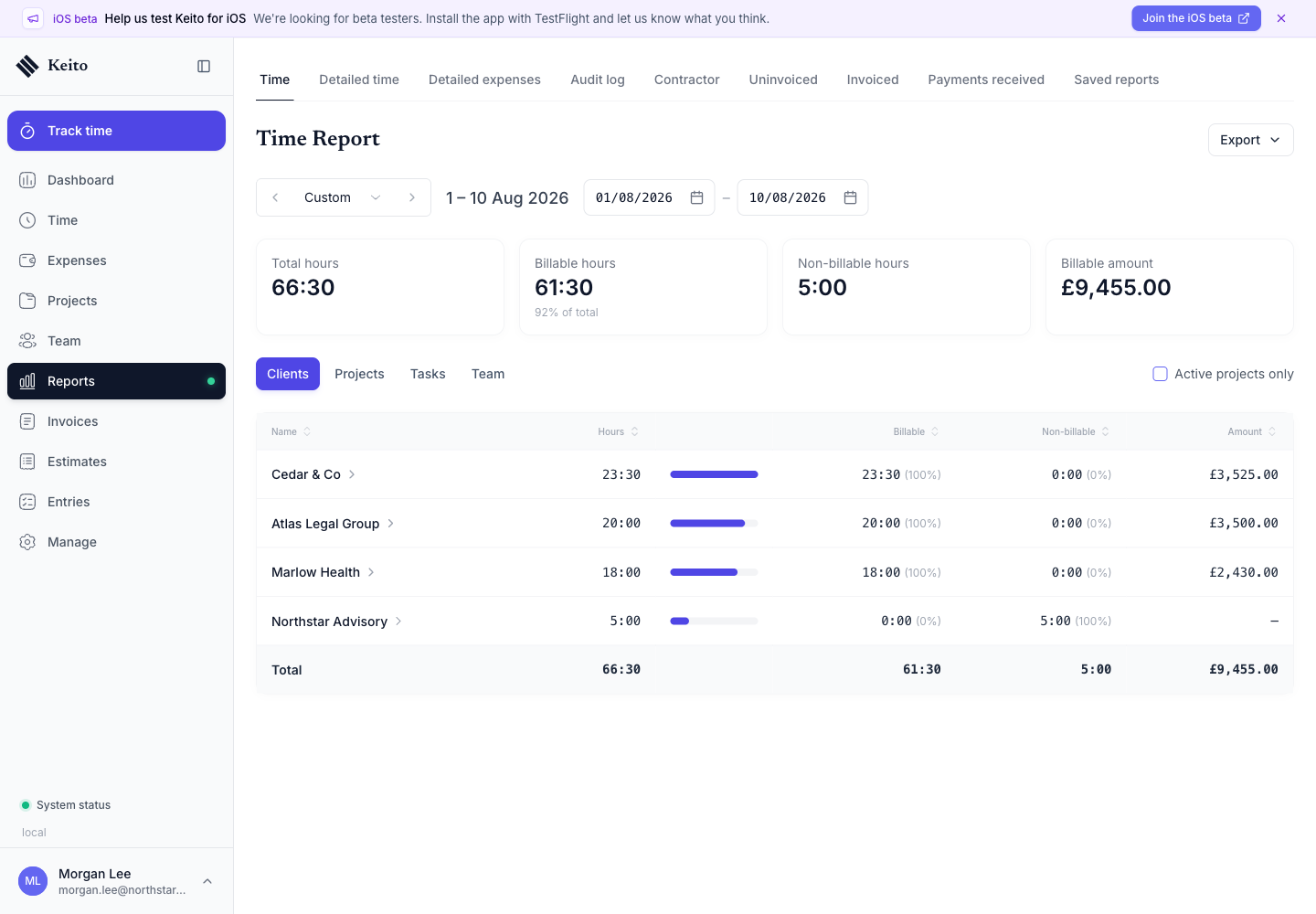 Keito time report grouped by client with fictional hours and billable value