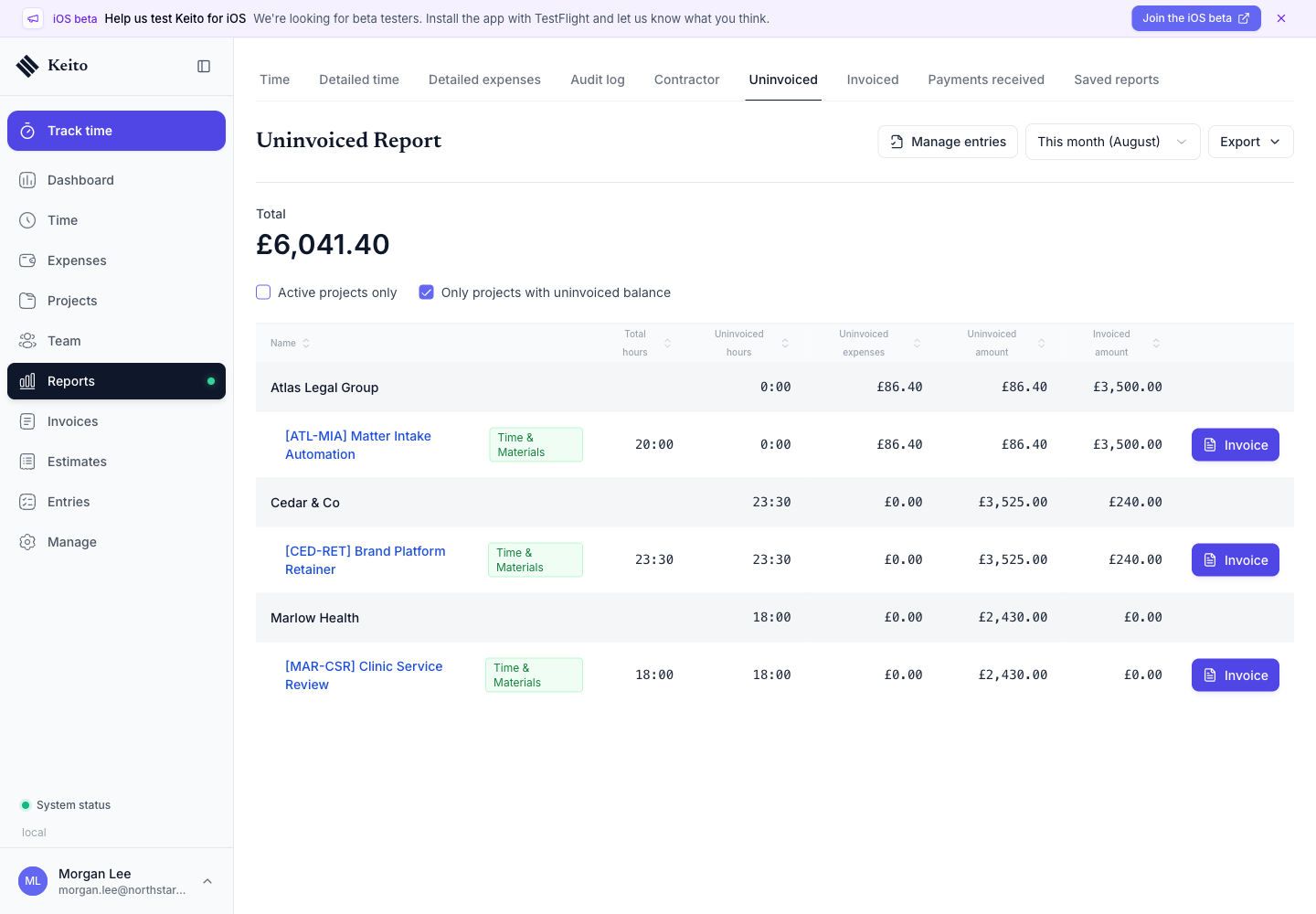 Keito uninvoiced report showing fictional billable time and expenses