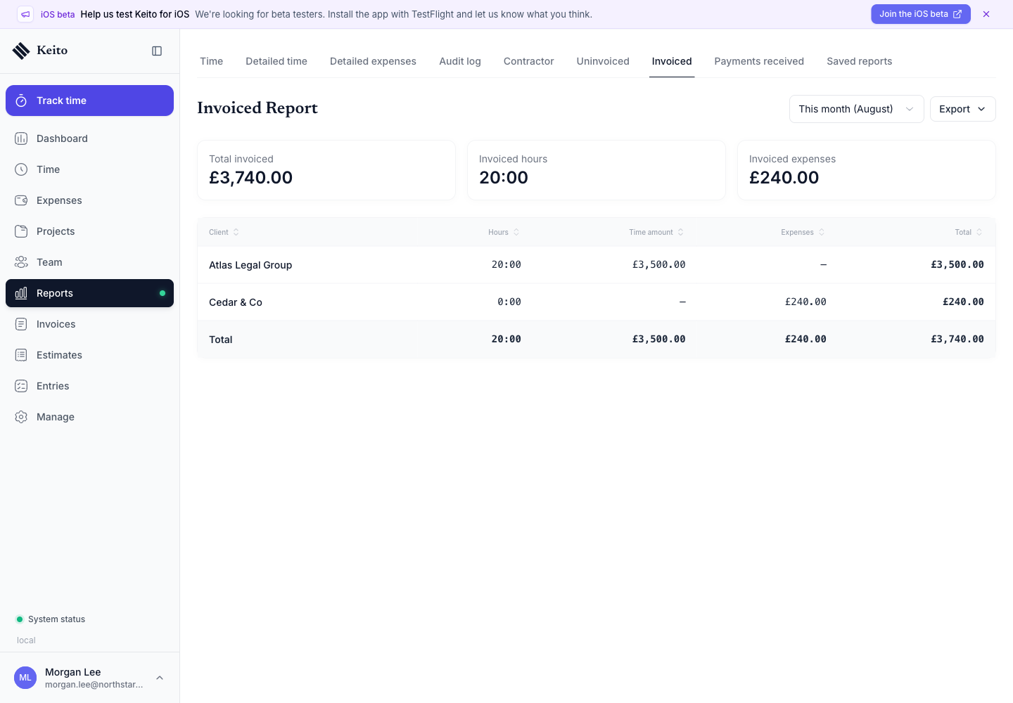 Keito invoiced report showing time and expense value by client