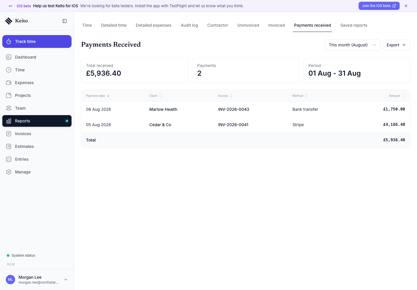 Keito payments received report for fictional invoices