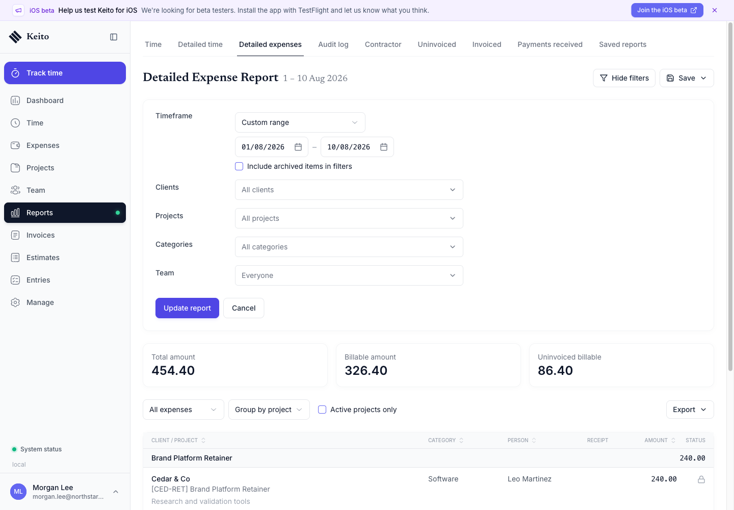 Keito Business detailed expense report with fictional expense records