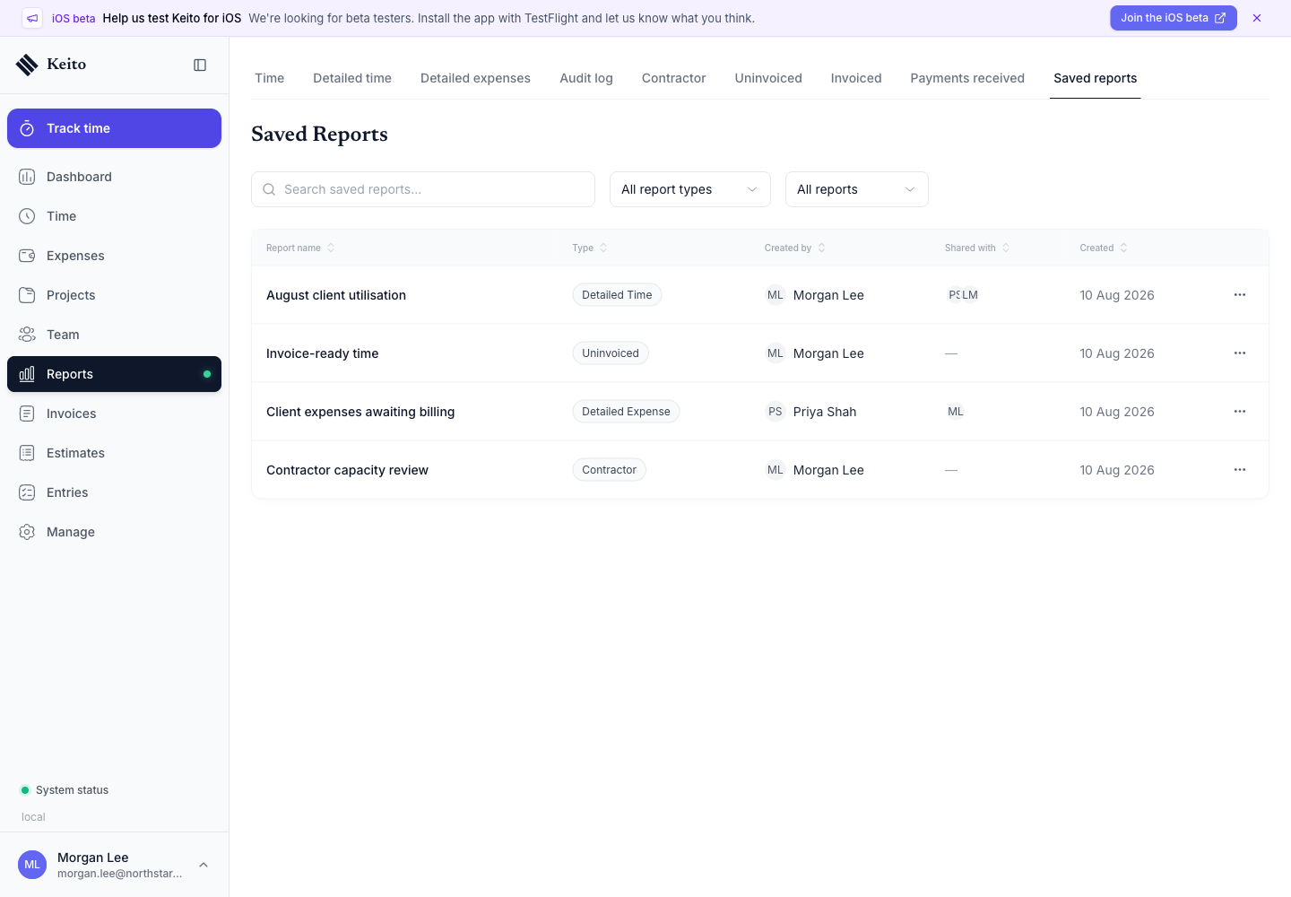 Keito Business saved reports with private and shared examples