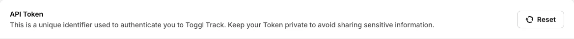 The API Token section in Toggl Profile, with the credential region excluded