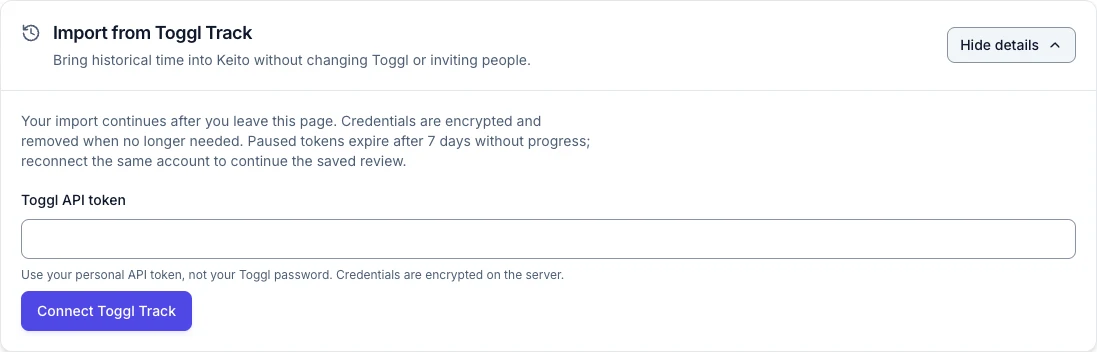 Expanded Toggl setup with an empty API token password field