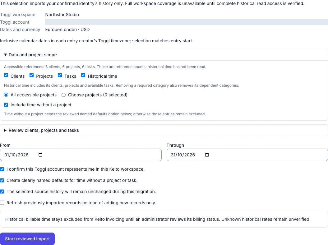 Reviewed October dates, data categories, no-project scope and identity confirmations
