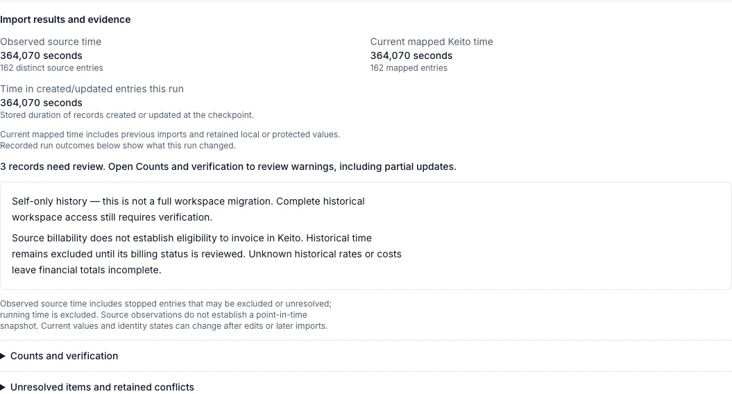 Completed first import: source, mapped and written time each show 364,070 seconds across 162 entries