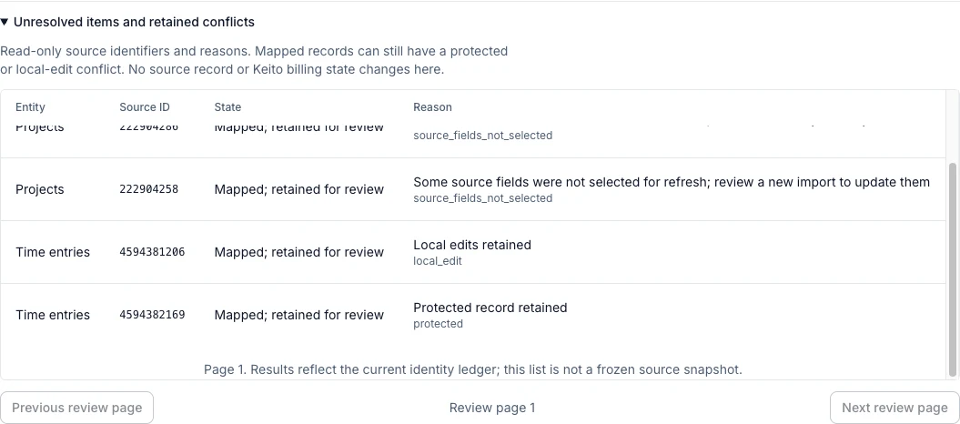 Actual refresh review retains a local edit and a locked entry, with read-only source IDs and reasons