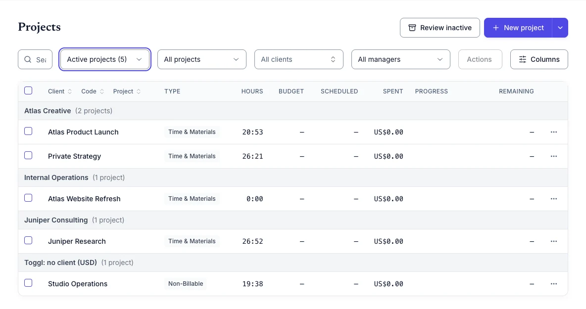 Imported and explicitly mapped projects grouped under their destination clients