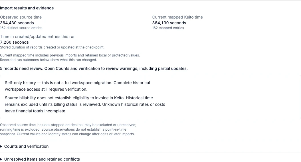 Reviewed refresh shows 364,430 source seconds, 364,130 mapped seconds and 7,260 seconds in the single updated entry