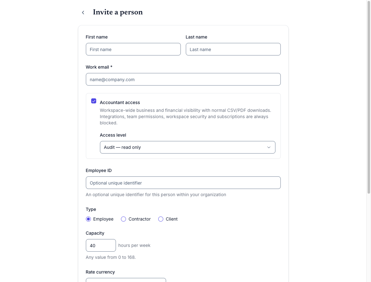 Owner invitation form with Accountant access enabled and Audit — read only selected