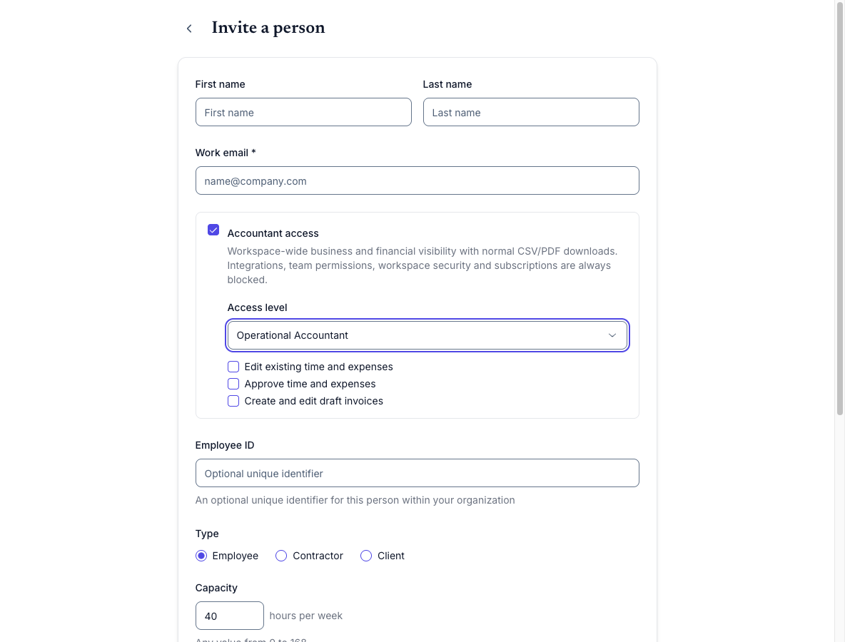 Owner invitation form with Operational Accountant selected and the three optional grants shown