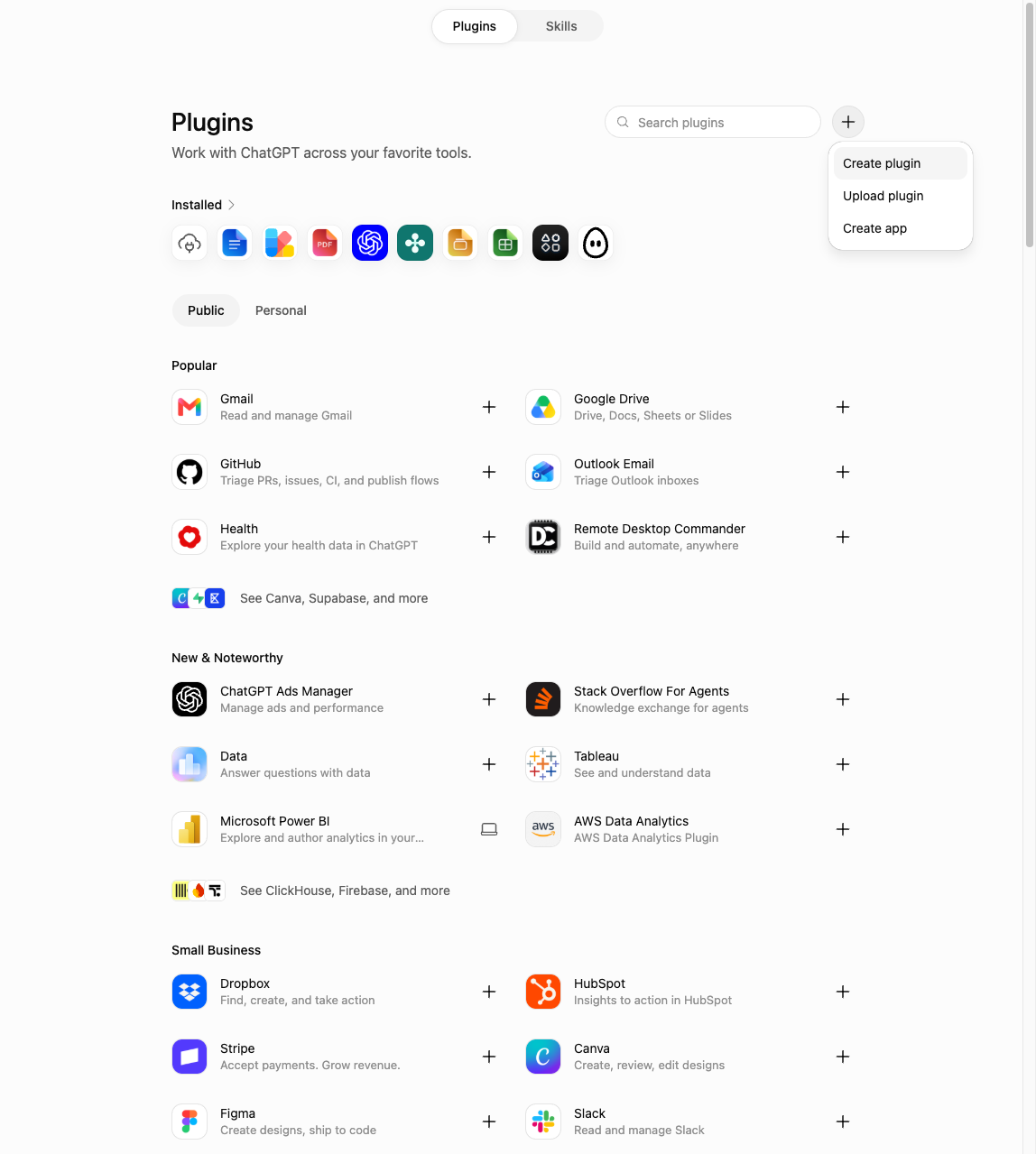 The ChatGPT Plugins page with the plus menu open, showing Create plugin, Upload plugin, and Create app