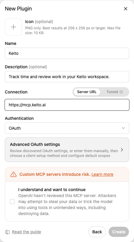 The Create MCP App form filled in with the name Keito, a description, the Server URL connection type, the MCP Server URL https://mcp.keito.ai, OAuth authentication, and the unreviewed-server acknowledgement