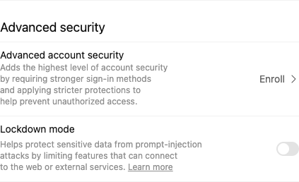 ChatGPT Settings, Security and login, Advanced security section with the Developer mode switch turned on