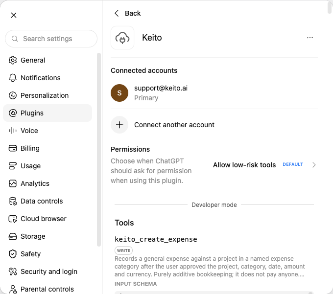 The Keito plugin page in ChatGPT settings showing Connected accounts with a Keito account, the Permissions setting, Developer mode, and Tools