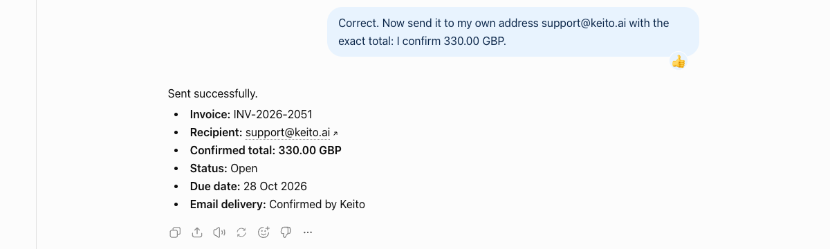 ChatGPT confirming that Keito invoice INV-2026-2051 was sent to support@keito.ai after the user confirmed the exact total of 330.00 GBP, with the status now Open, the due date, and email delivery confirmed by Keito