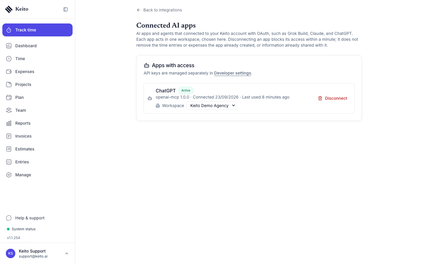 Keito Connected AI apps page listing an active ChatGPT connection with the client openai-mcp 1.0.0, a Workspace selector set to Keito Demo Agency, and a Disconnect button