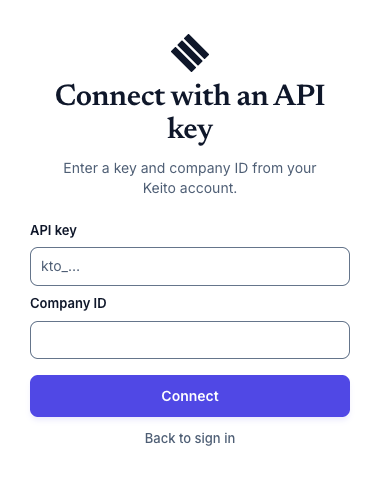 Keito API key connection form with separate API key and Company ID fields