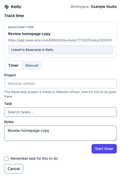 Keito time form for a synthetic Basecamp to-do, with a linked Keito project and task selector