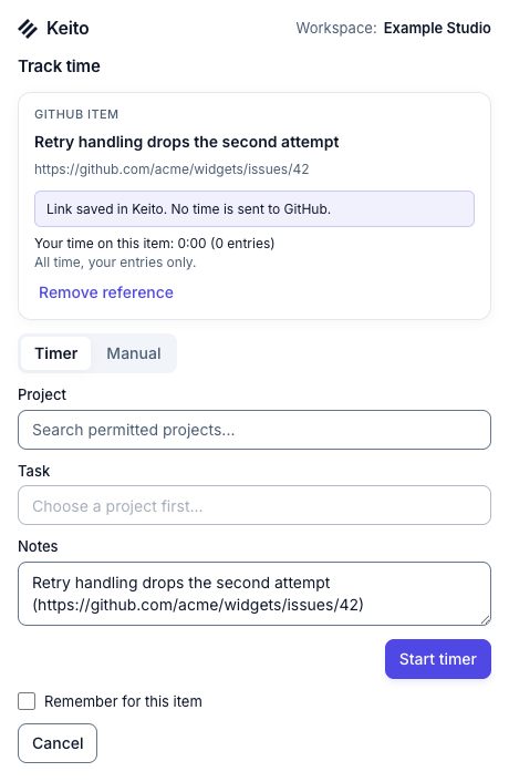 Keito time form with a GitHub issue reference and a message that no time is sent to GitHub