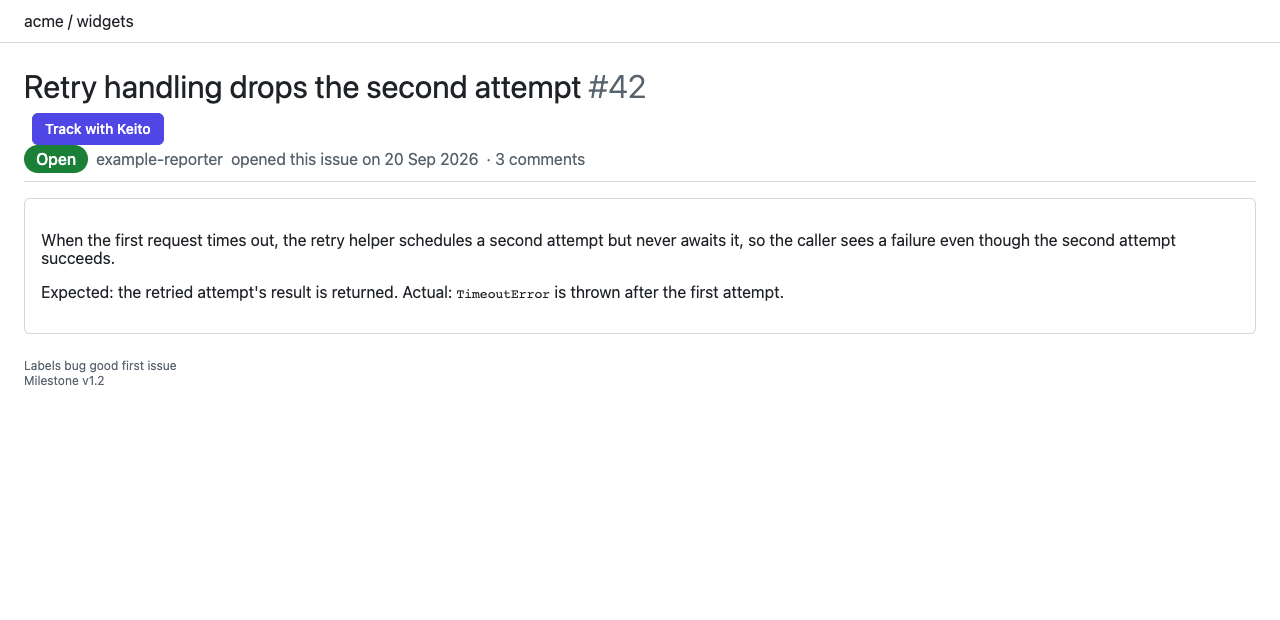 Illustrative GitHub issue detail fixture with a purple Track with Keito button beside the issue heading