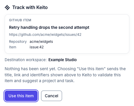 Keito GitHub item preview with title, link, repository, item number, and Use this item button