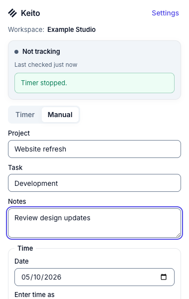Keito Manual tab with a selected example project, task, duration, notes, and Save button