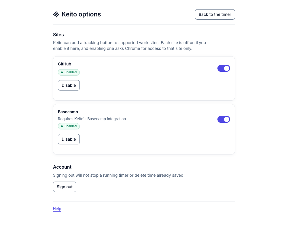 Keito options showing separate enabled GitHub and Basecamp site switches
