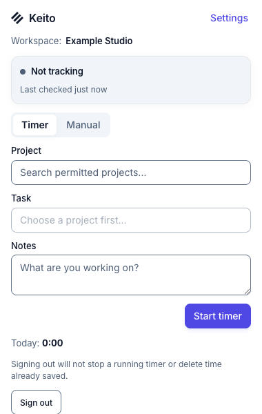 Keito toolbar popup showing a selected example workspace and timer fields