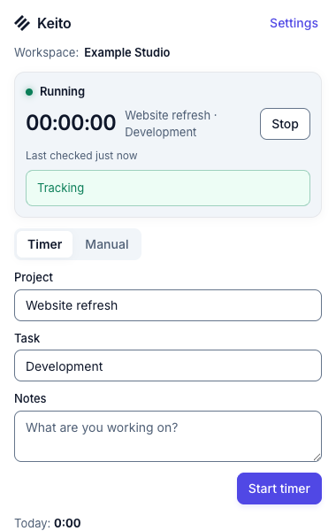 Keito popup showing Running, an elapsed timer, and a Stop button