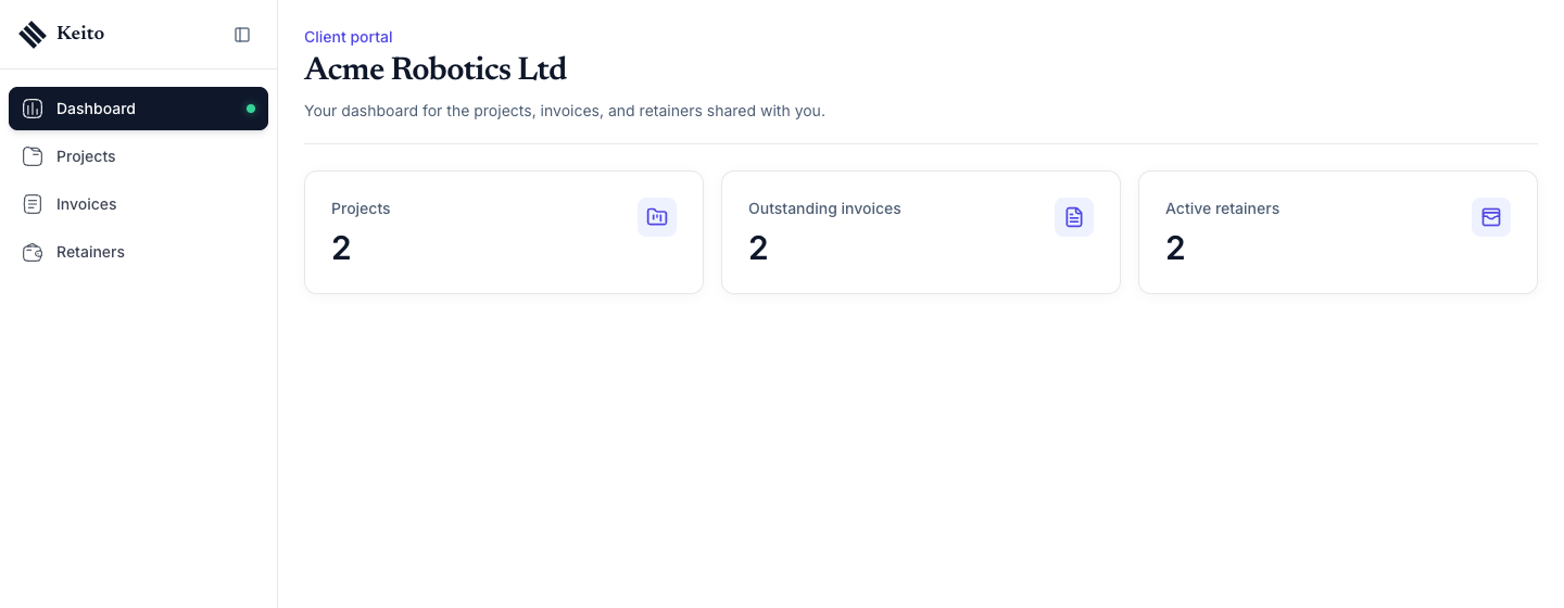 The client portal Dashboard for Acme Robotics Ltd, with Projects, Outstanding invoices, and Active retainers cards and a sidebar showing Dashboard, Projects, Invoices, and Retainers.