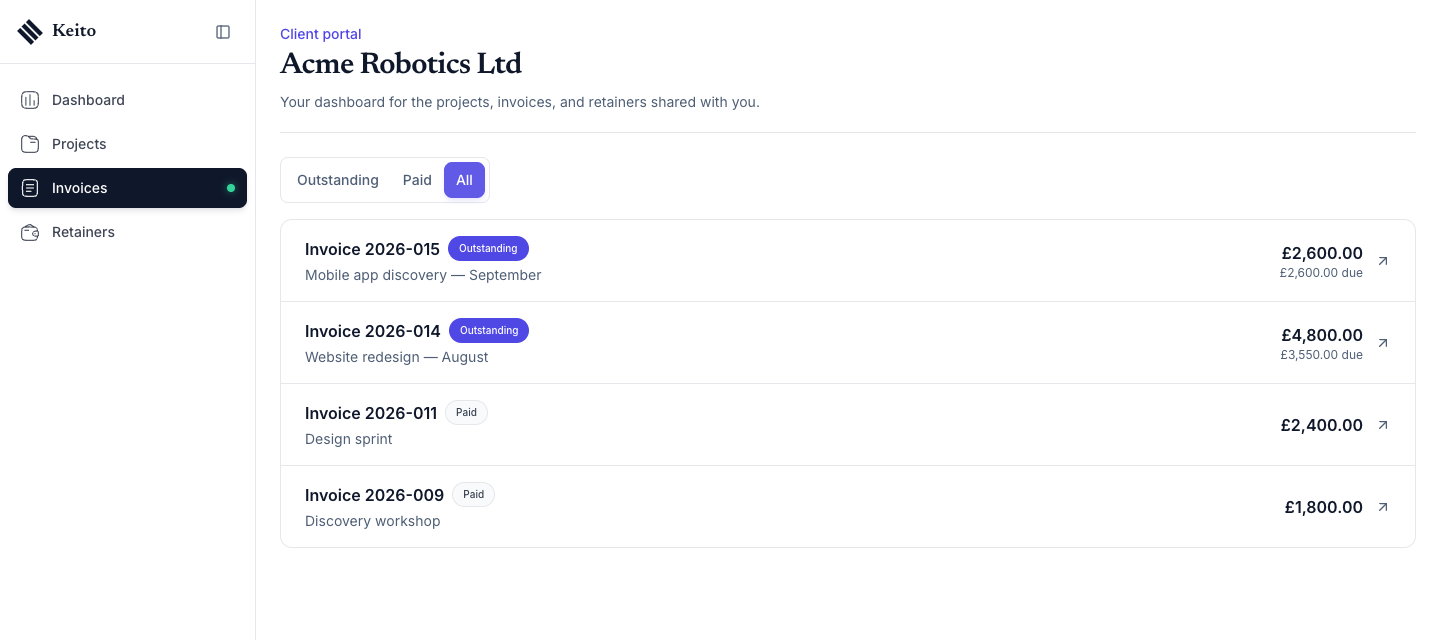 The portal Invoices page on the All filter, listing two outstanding and two paid invoices.