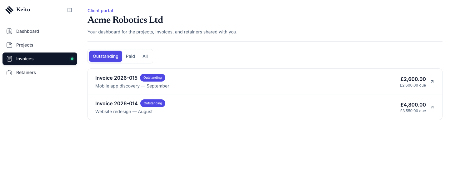 The portal Invoices page on the default Outstanding filter, listing two outstanding invoices with their totals and amounts due.