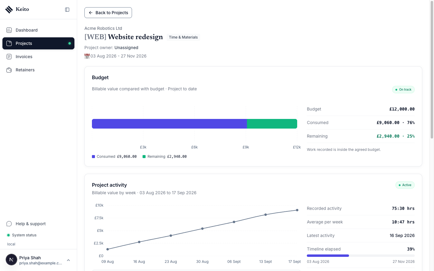 A client's view of the Website redesign project with the Budget panel showing consumed and remaining amounts above the Project activity chart.
