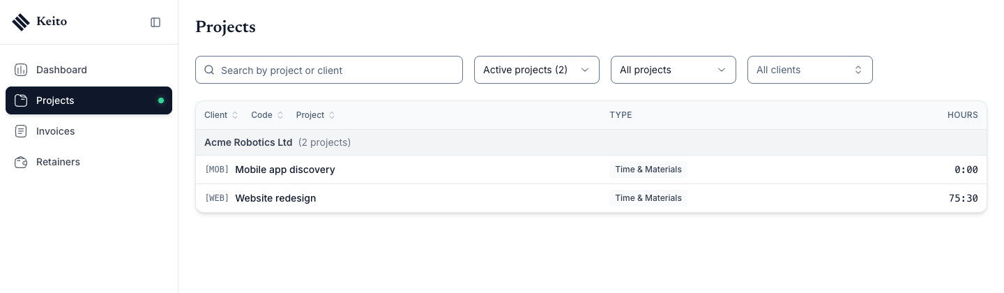 The Projects list as seen by a client member, showing two Acme Robotics Ltd projects with their codes, type, and hours.