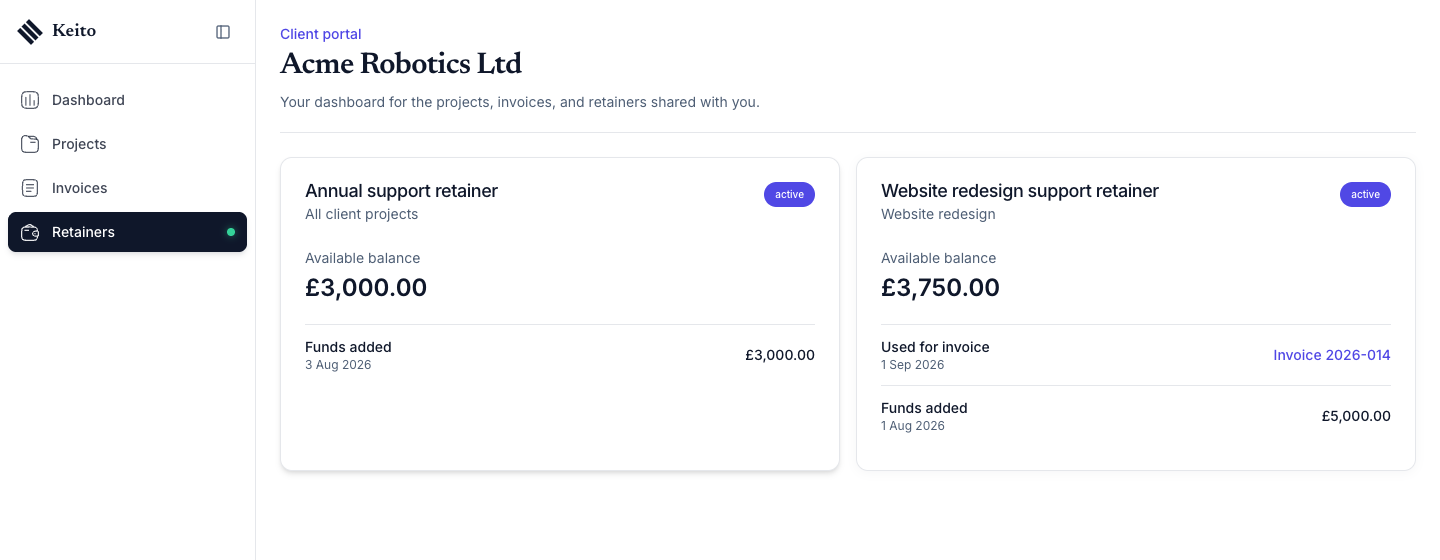 The portal Retainers page showing an Annual support retainer for all client projects and a Website redesign support retainer, each with an available balance and recent activity.