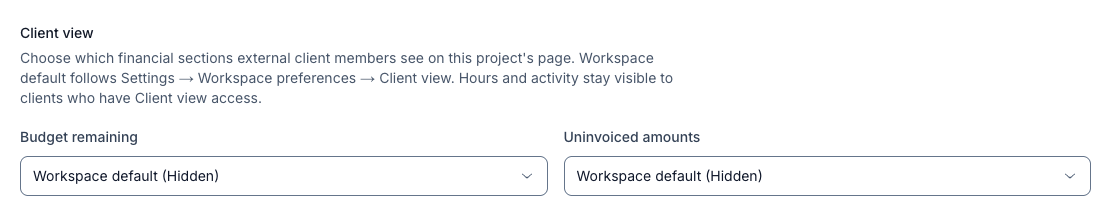 The Client view section with both selects reading Workspace default (Hidden).