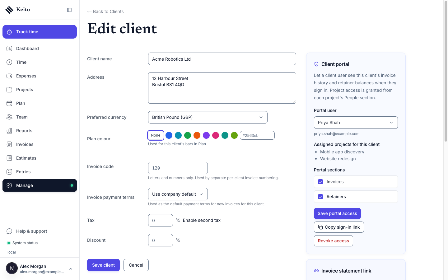 The Edit client page for Acme Robotics Ltd with the Client portal card on the right showing Portal user, Assigned projects for this client, Portal sections, and the Save portal access, Copy sign-in link, and Revoke access buttons.
