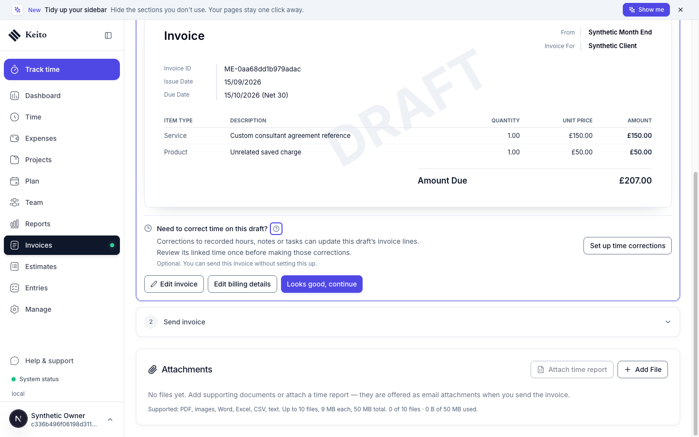 The optional Set up time corrections action below the draft invoice preview.