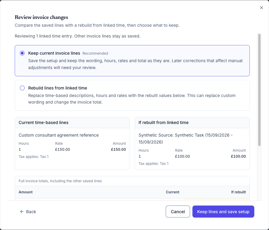 The review compares current and rebuilt time-based lines and full invoice totals.