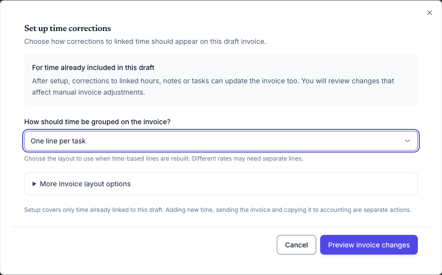 Setup asks how linked time should be grouped before previewing invoice changes.
